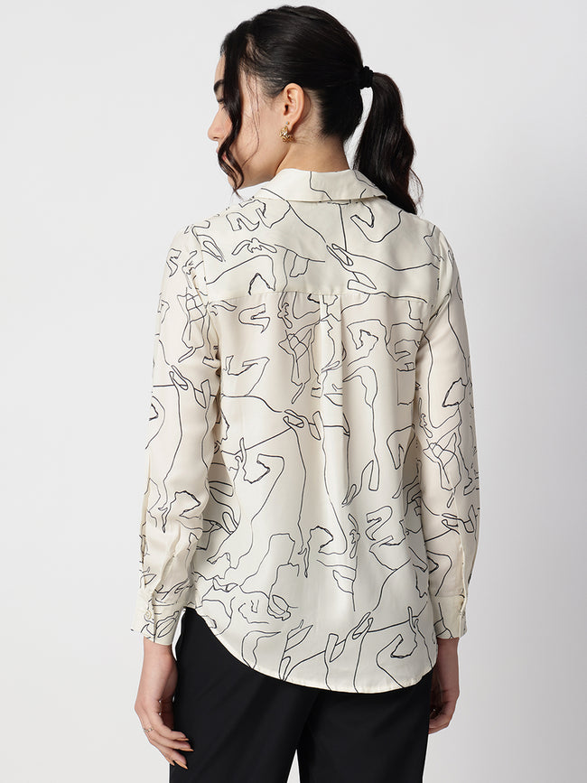Women Abstract Beige Satin Collar Shirt