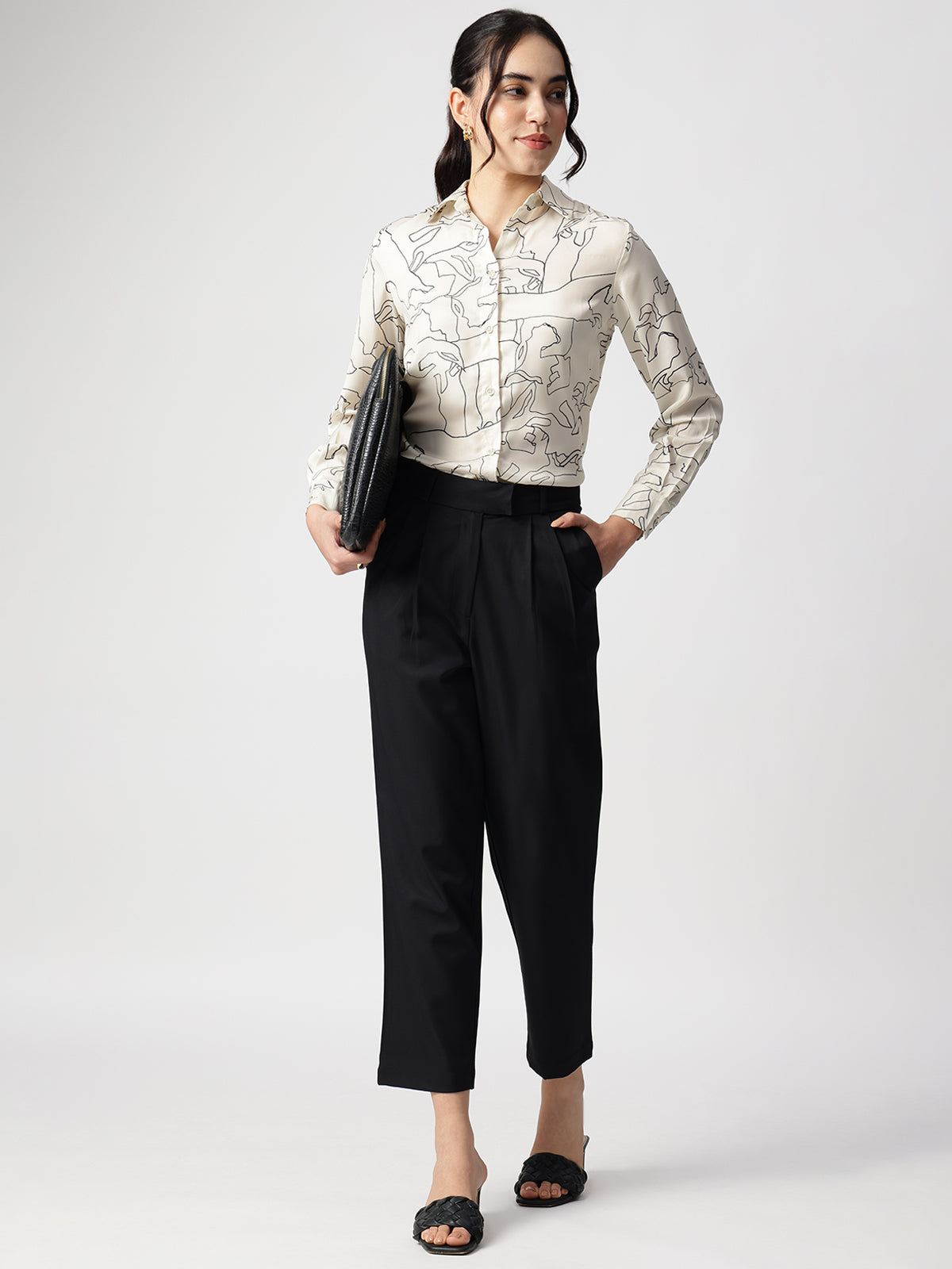 Women Abstract Beige Satin Collar Shirt