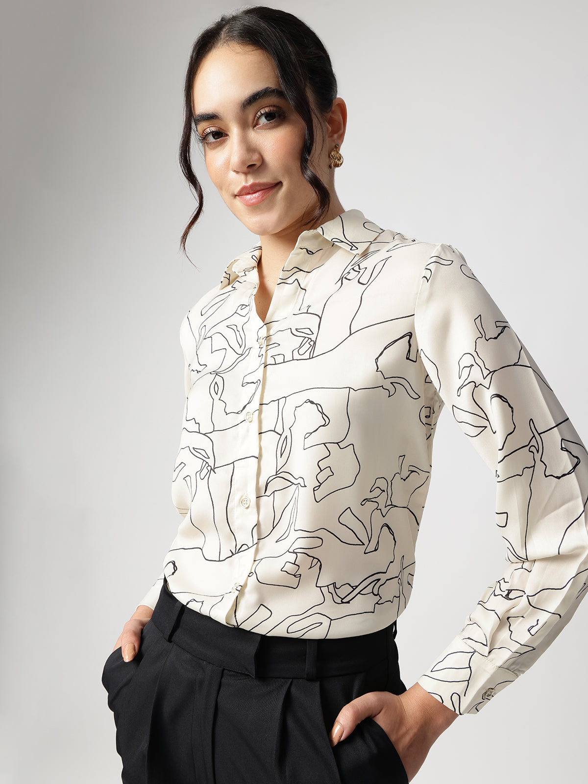 Women Abstract Beige Satin Collar Shirt