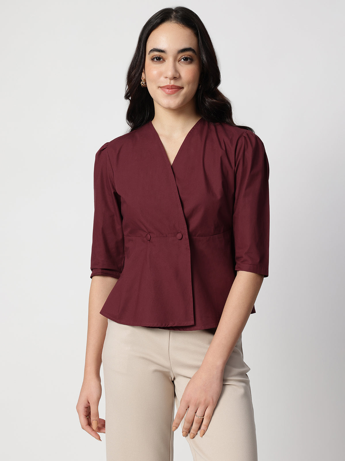 Women Maroon Cotton Three-Quarter Sleeve Shirt