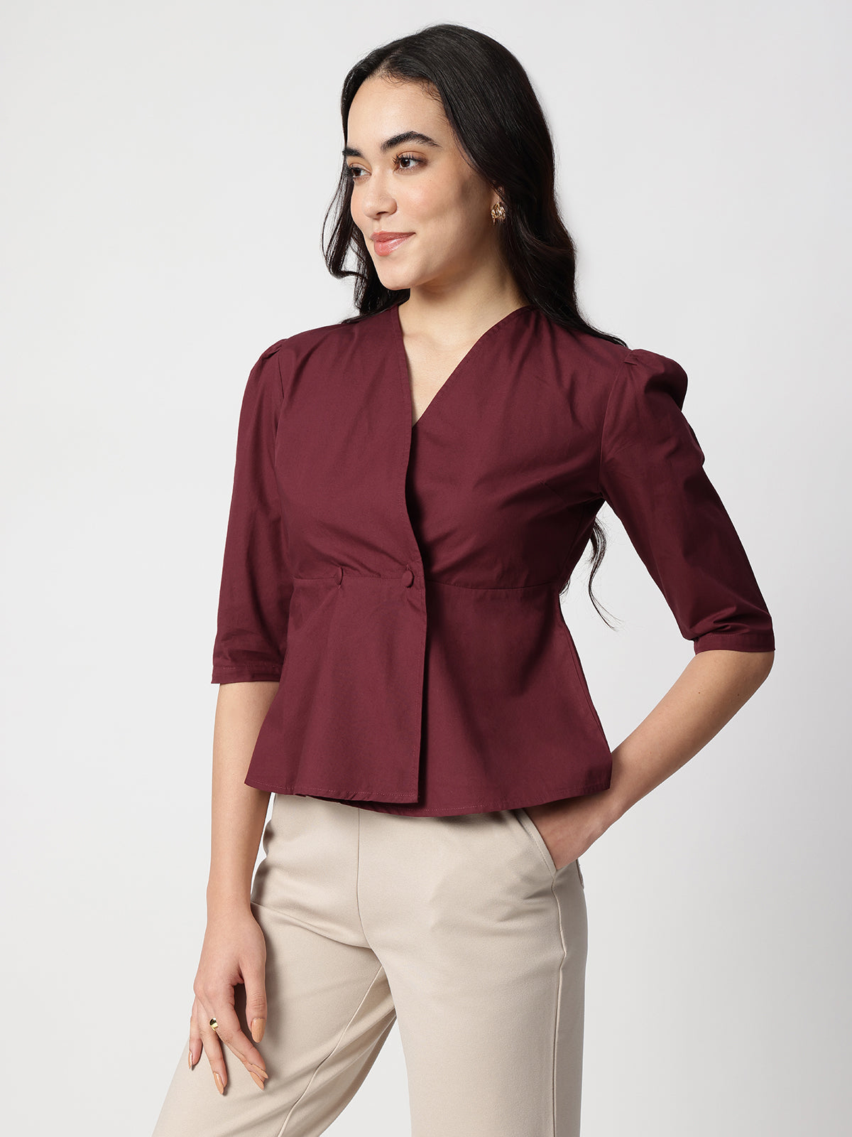 Women Maroon Cotton Three-Quarter Sleeve Shirt
