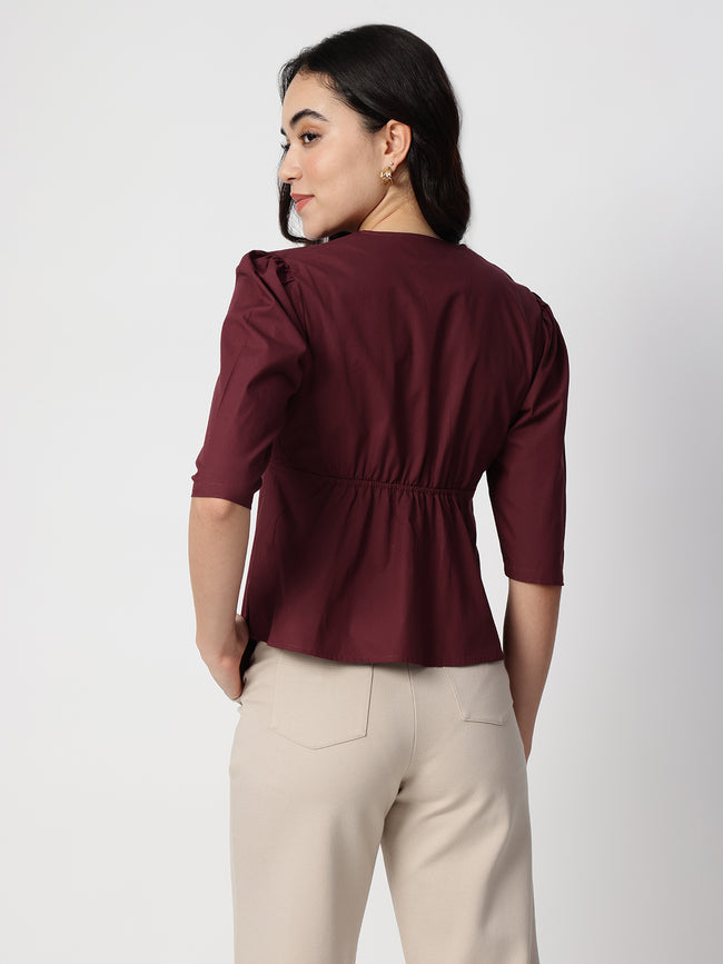 Women Maroon Cotton Three-Quarter Sleeve Shirt