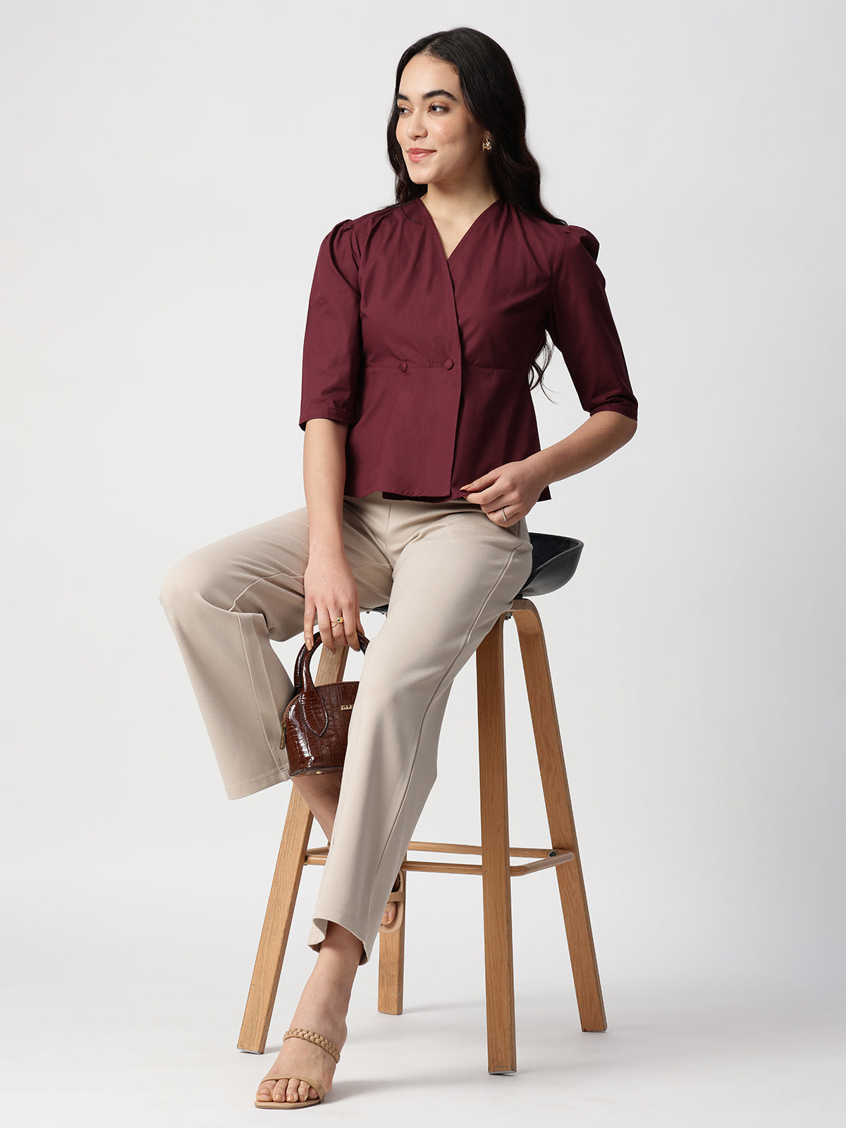 Women Maroon Cotton Three-Quarter Sleeve Shirt