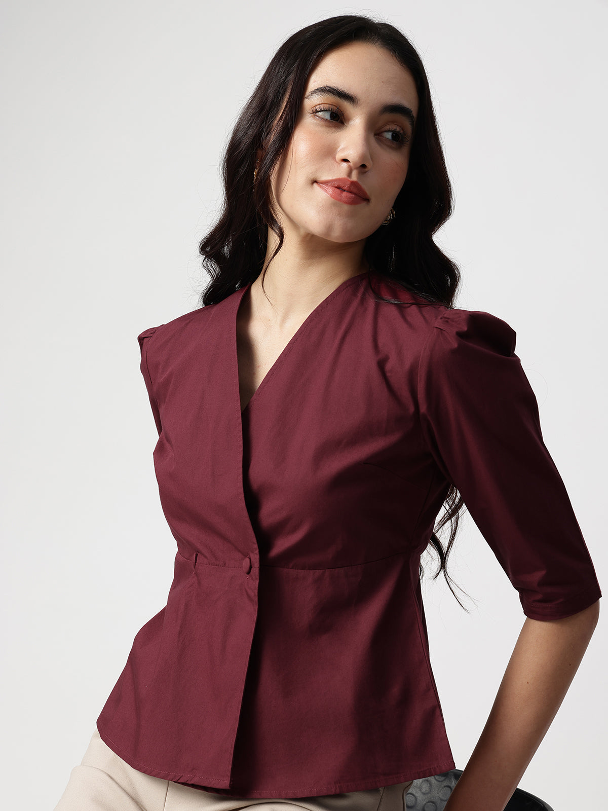 Women Maroon Cotton Three-Quarter Sleeve Shirt