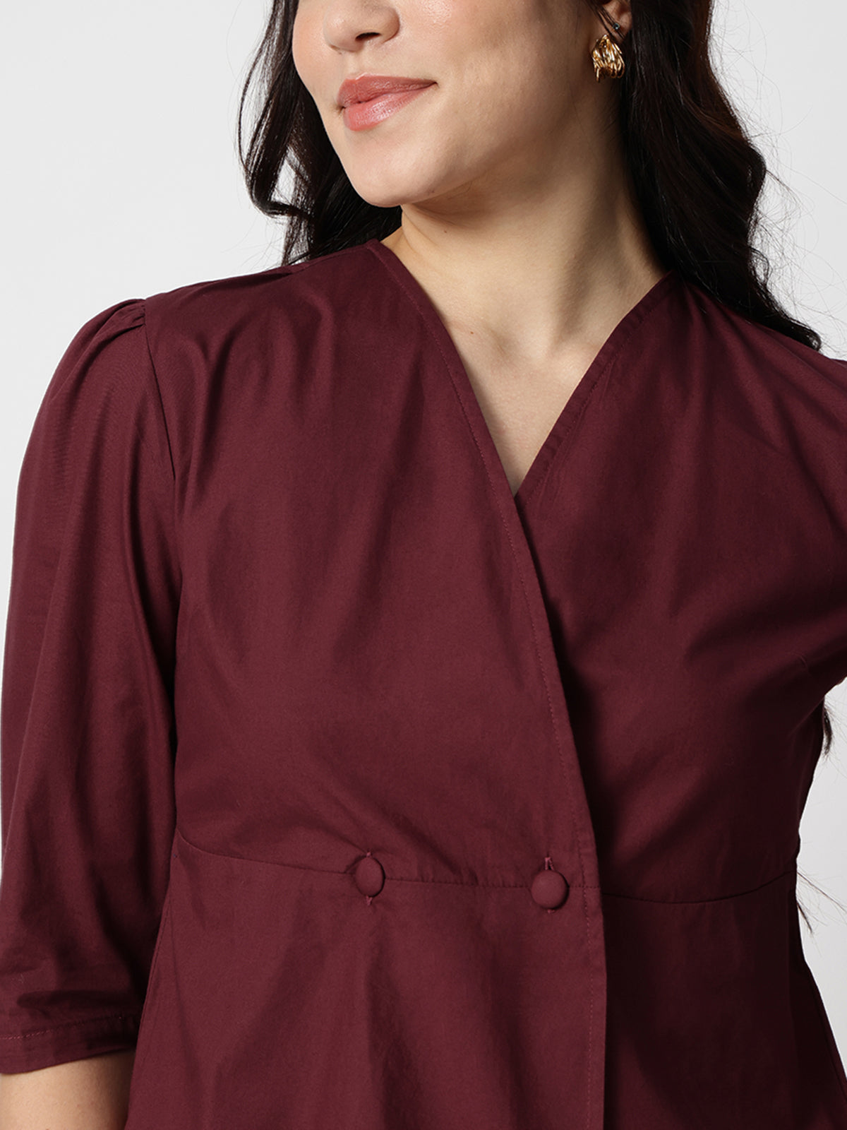 Women Maroon Cotton Three-Quarter Sleeve Shirt