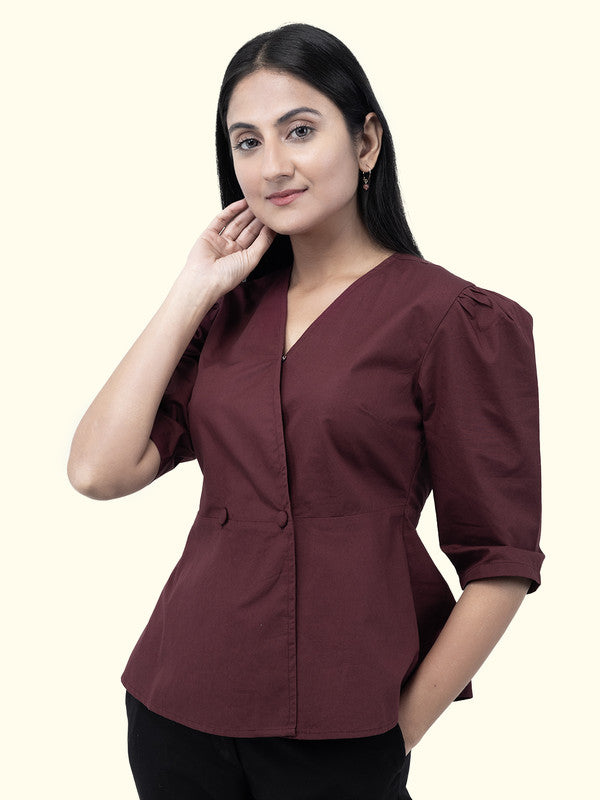 Women Maroon Cotton Three-Quarter Sleeve Shirt