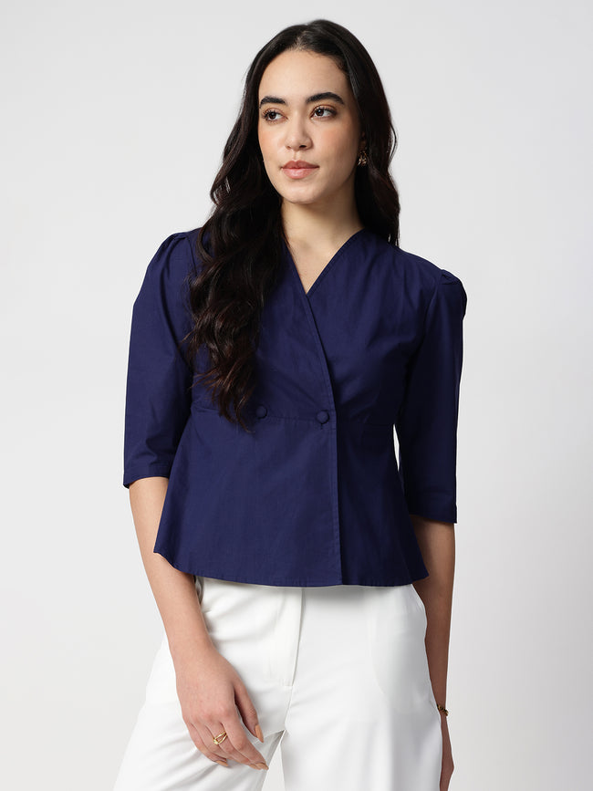 Women Navy Blue Cotton Three-Quarter Shirt