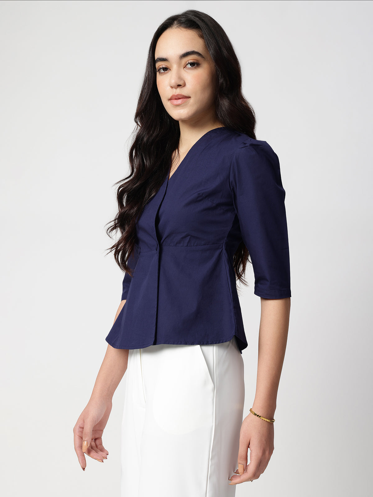 Women Navy Blue Cotton Three-Quarter Shirt