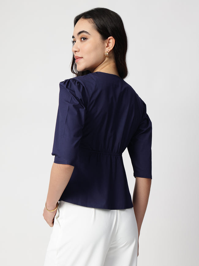 Women Navy Blue Cotton Three-Quarter Shirt