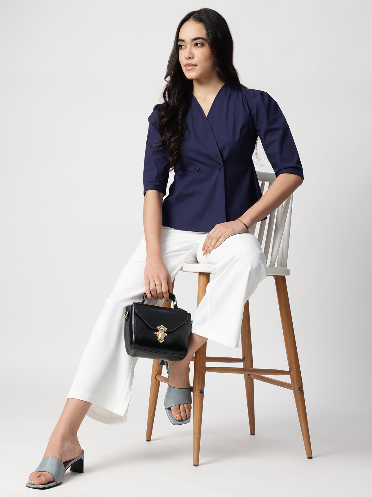 Women Navy Blue Cotton Three-Quarter Shirt