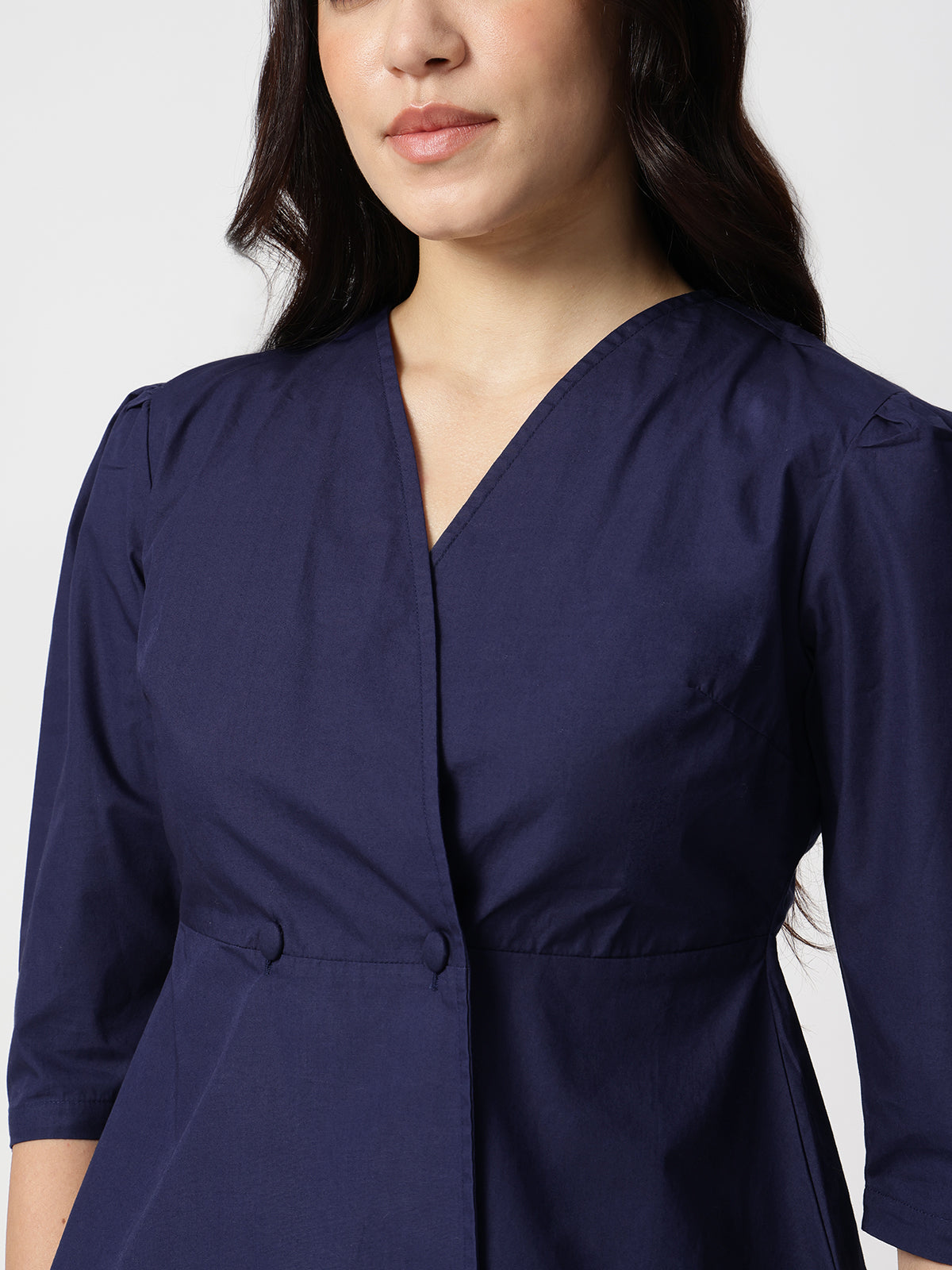Women Navy Blue Cotton Three-Quarter Shirt