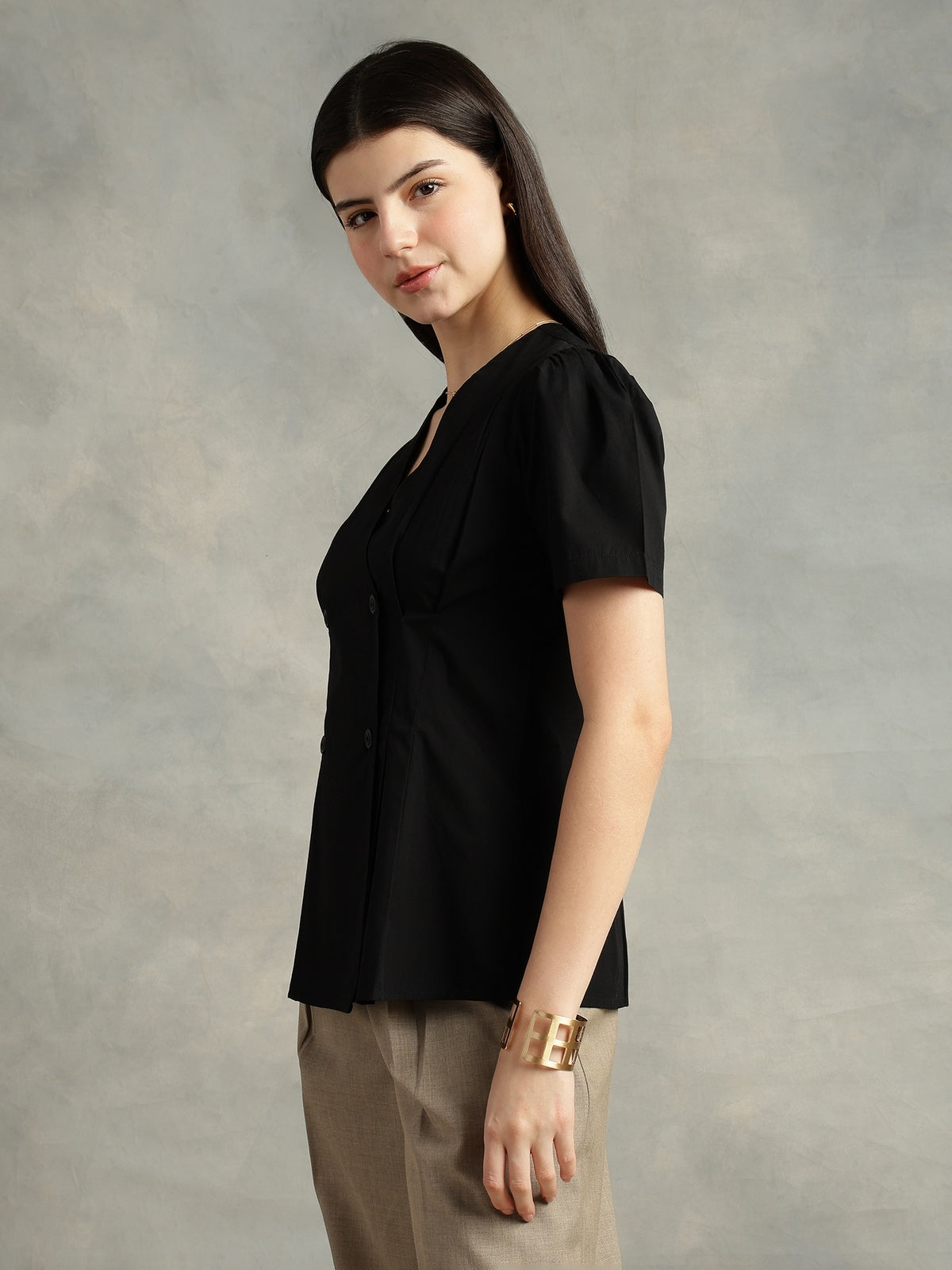 Women Black Cotton Short Sleeve Shirt