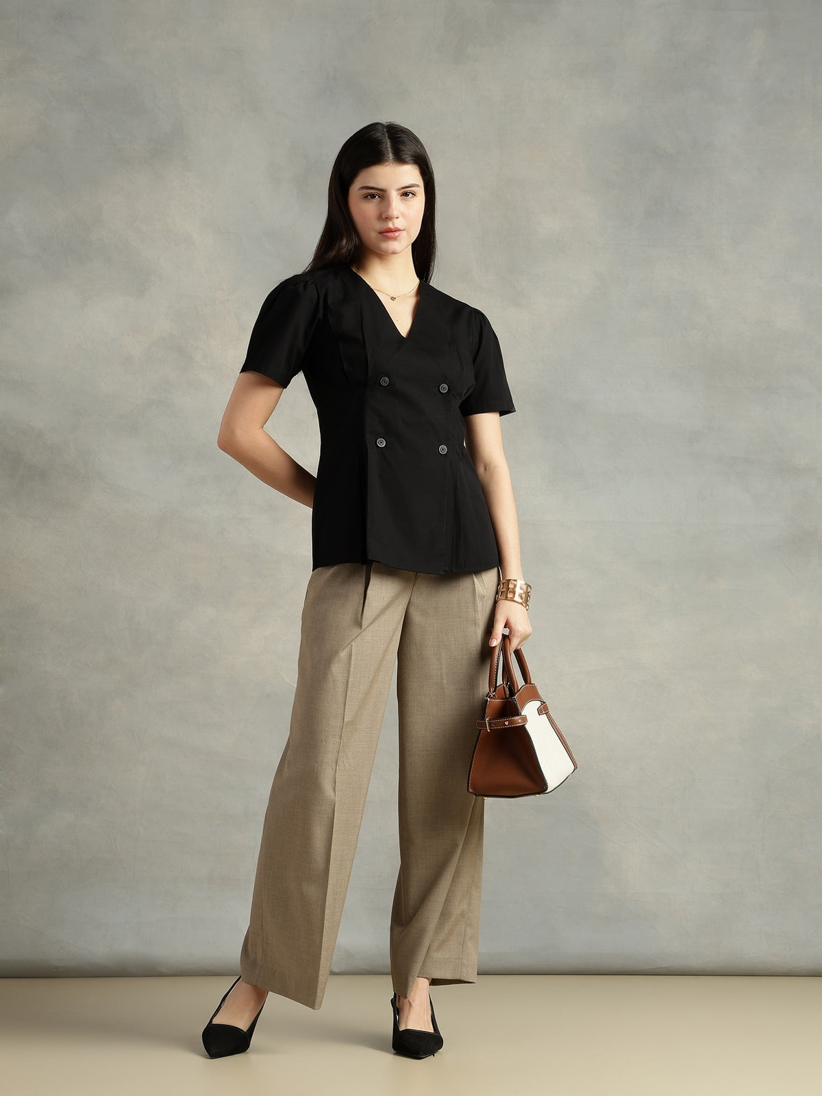 Women Black Cotton Short Sleeve Shirt