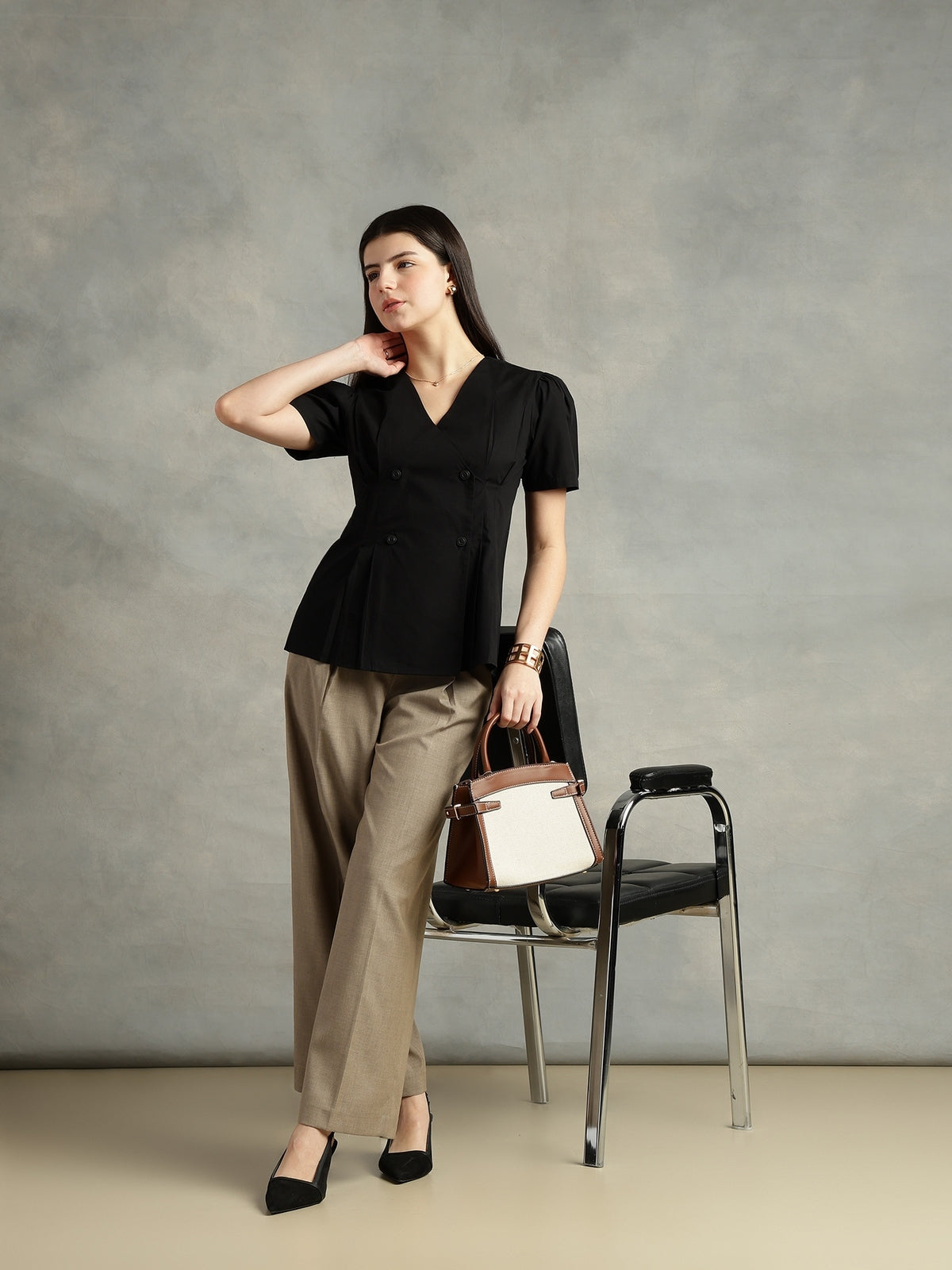Women Black Cotton Short Sleeve Shirt