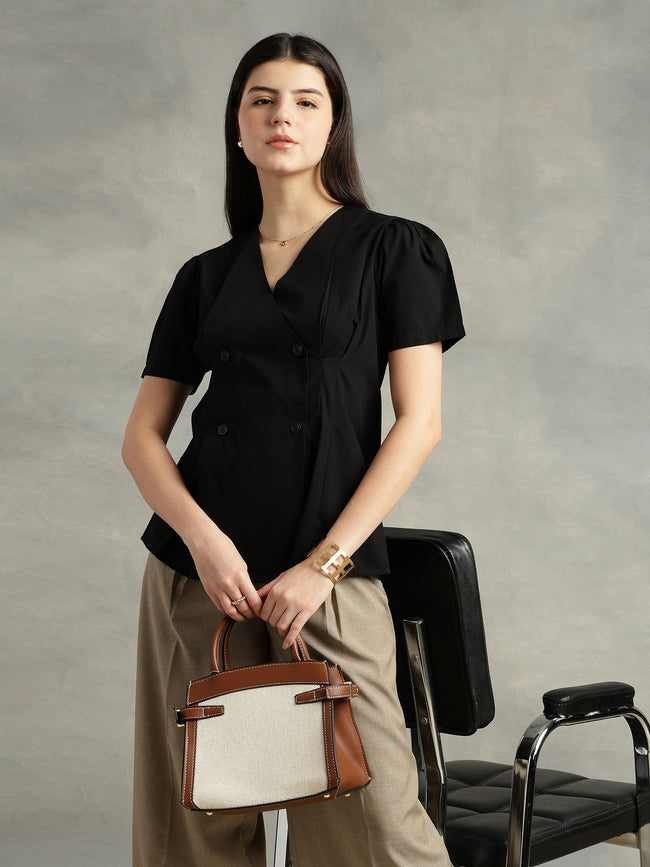 Women Black Cotton Short Sleeve Shirt