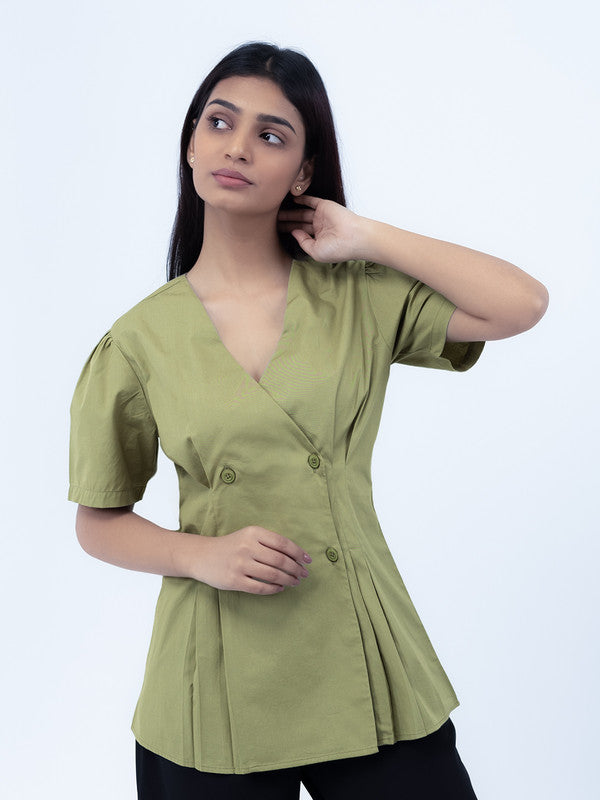 Women Olive Green Cotton Short Sleeve Shirt