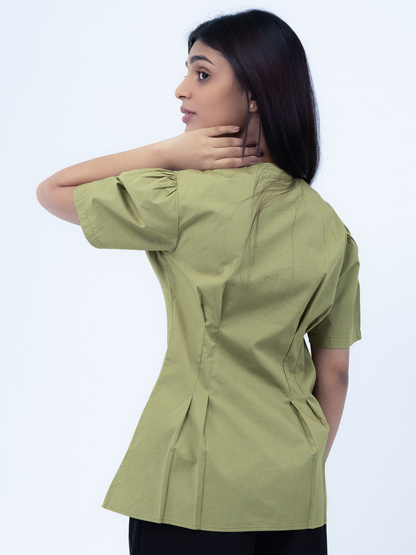 Women Olive Green Cotton Short Sleeve Shirt