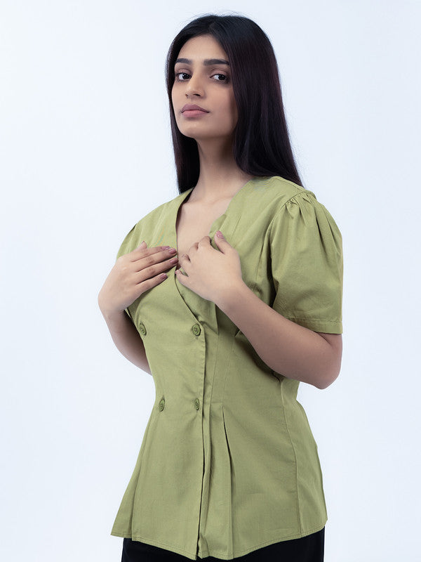 Women Olive Green Cotton Short Sleeve Shirt