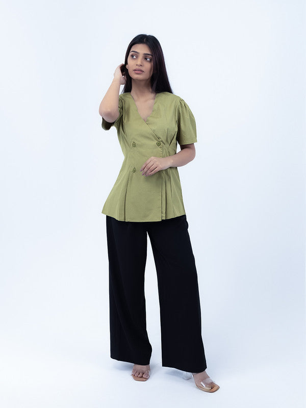 Women Olive Green Cotton Short Sleeve Shirt