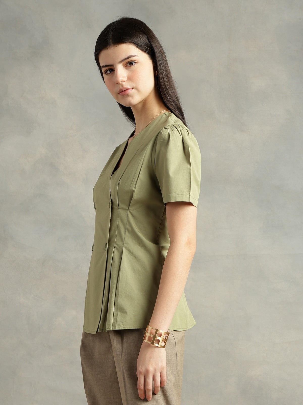 Women Olive Green Cotton Short Sleeve Shirt