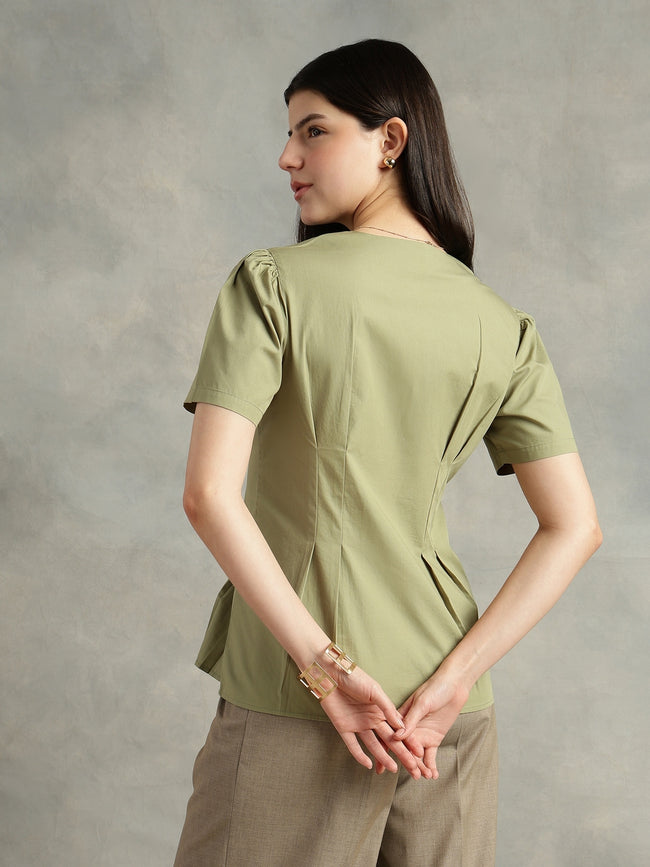 Women Olive Green Cotton Short Sleeve Shirt