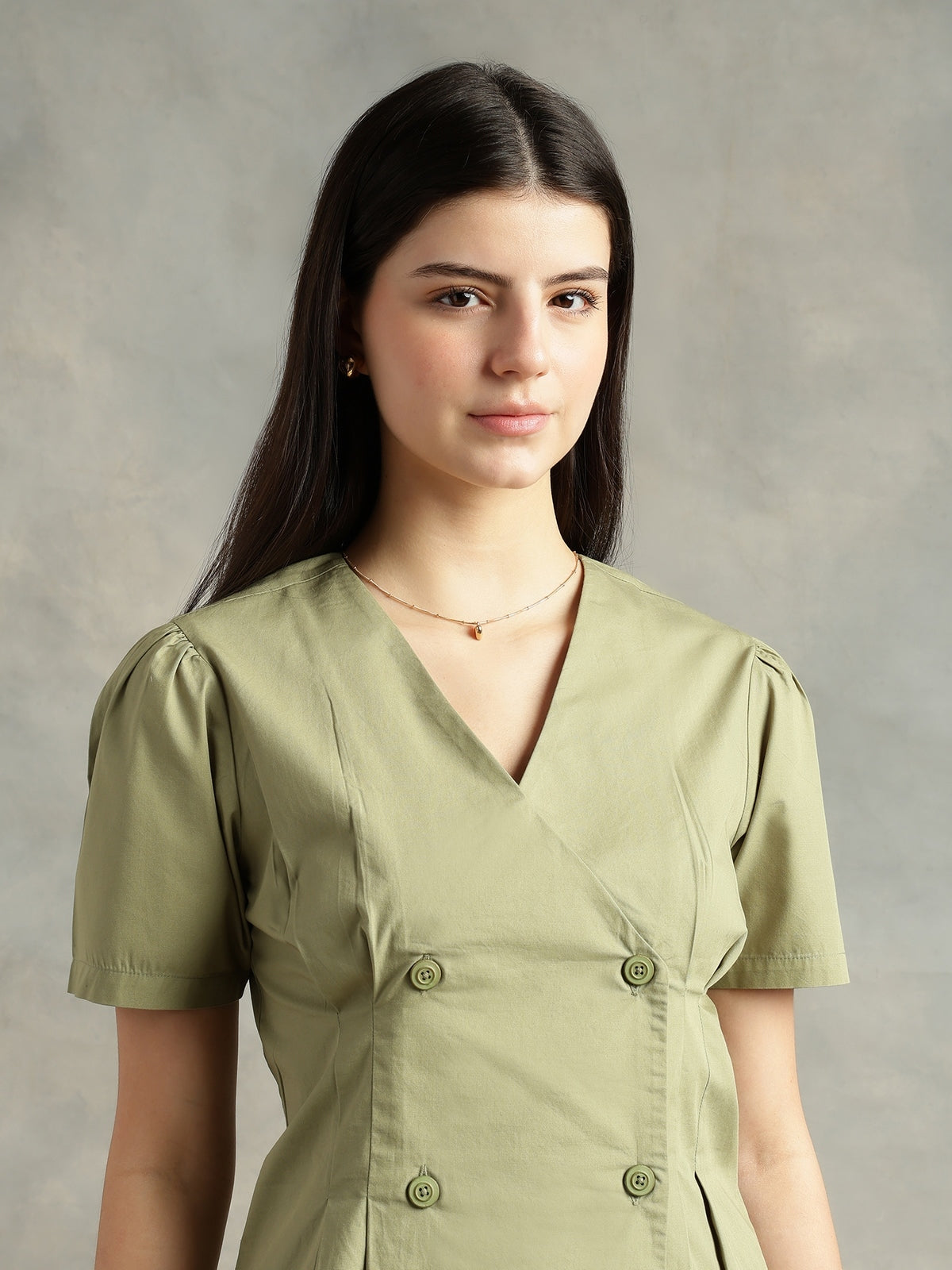 Women Olive Green Cotton Short Sleeve Shirt