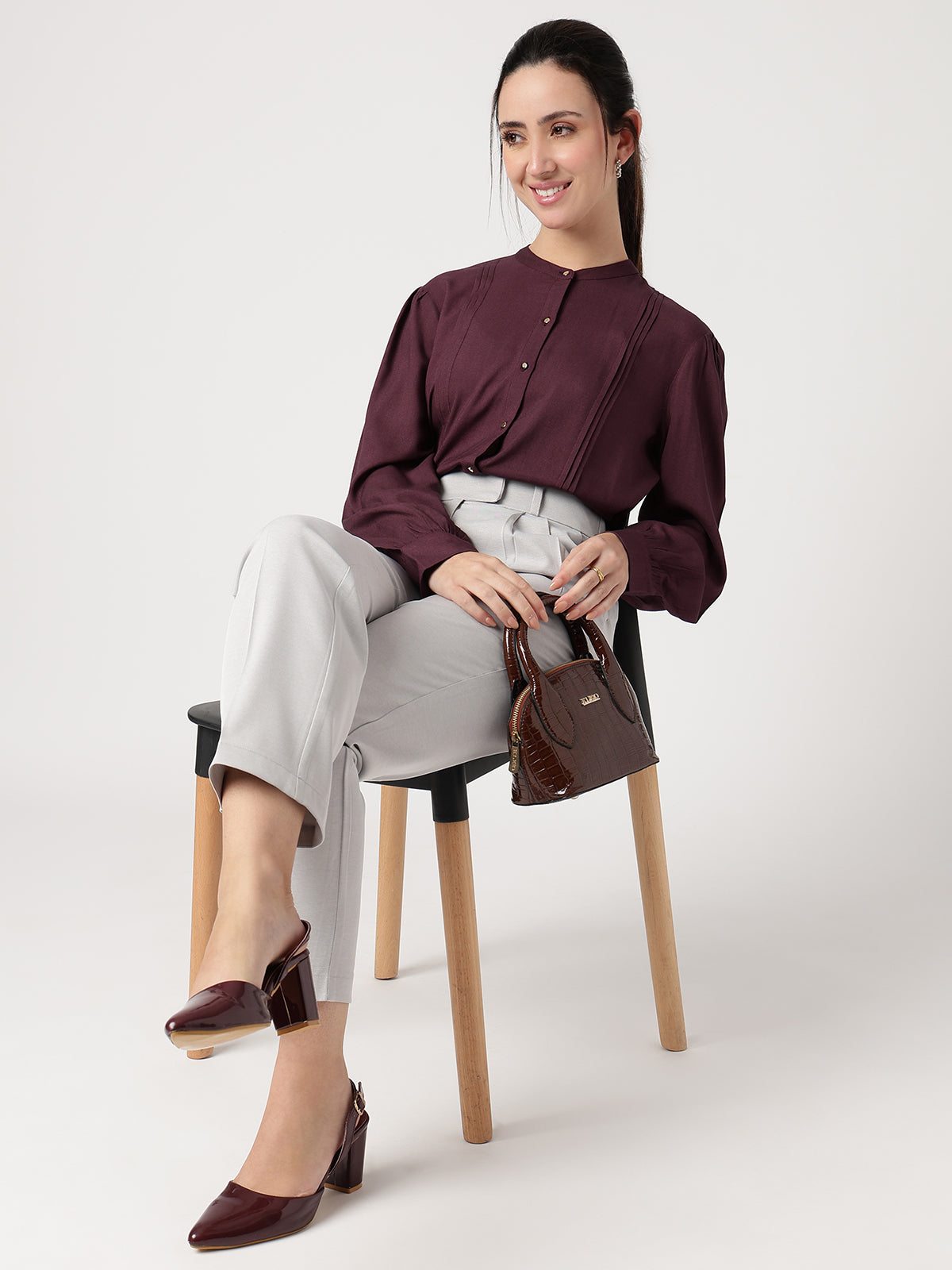 Women Burgundy Viscose Rayon Shirt