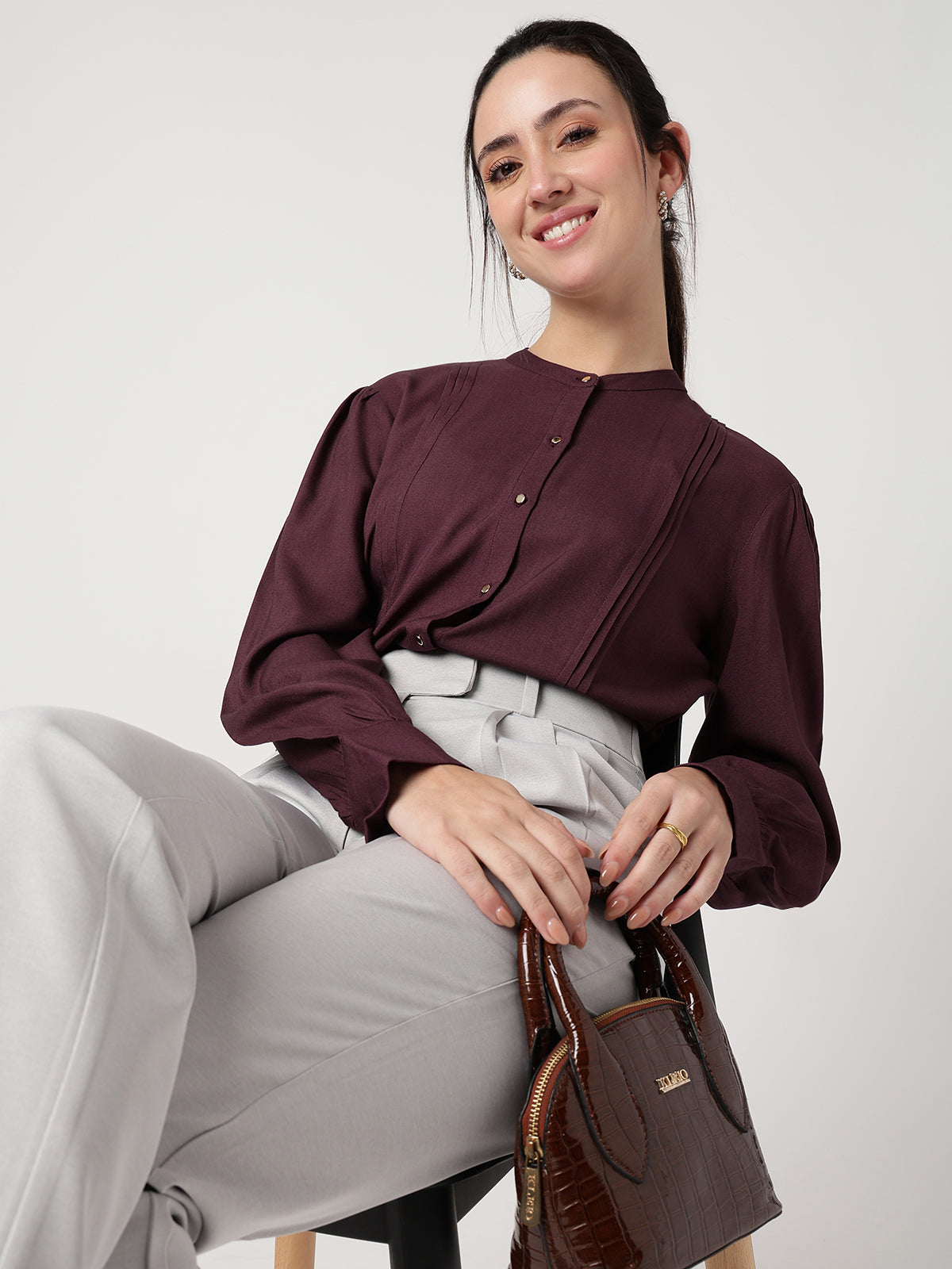 Women Burgundy Viscose Rayon Shirt