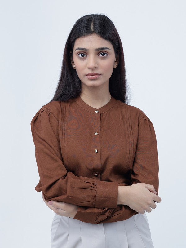 Women Brown Viscose Rayon Mandarin Shirt