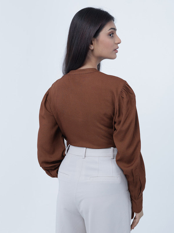 Women Brown Viscose Rayon Mandarin Shirt