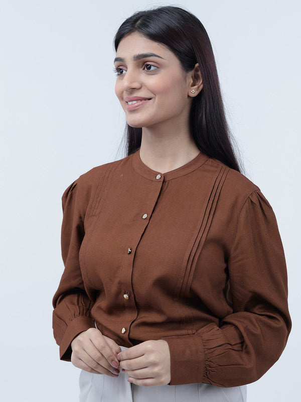 Women Brown Viscose Rayon Mandarin Shirt
