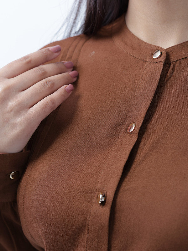 Women Brown Viscose Rayon Mandarin Shirt