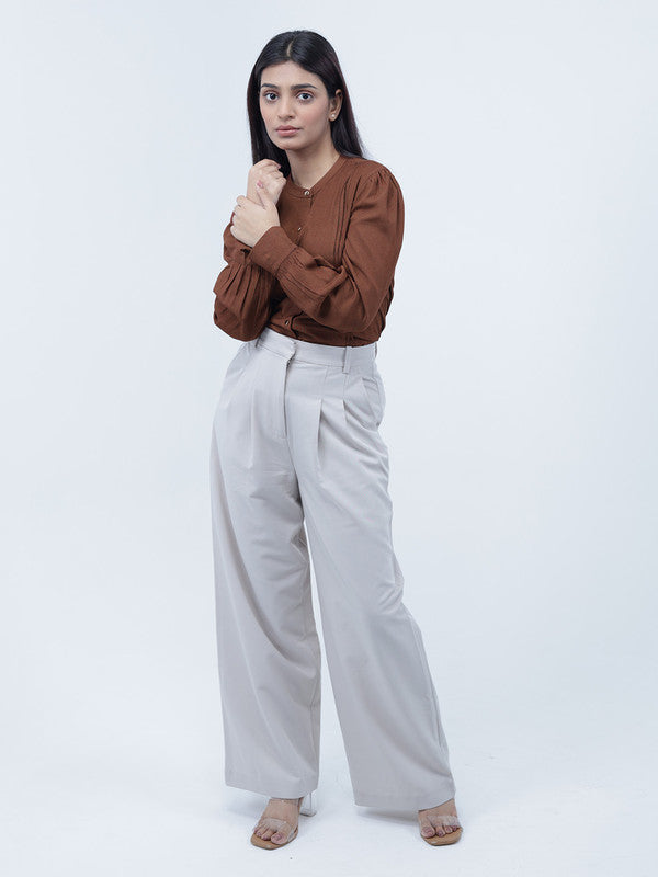 Women Brown Viscose Rayon Mandarin Shirt