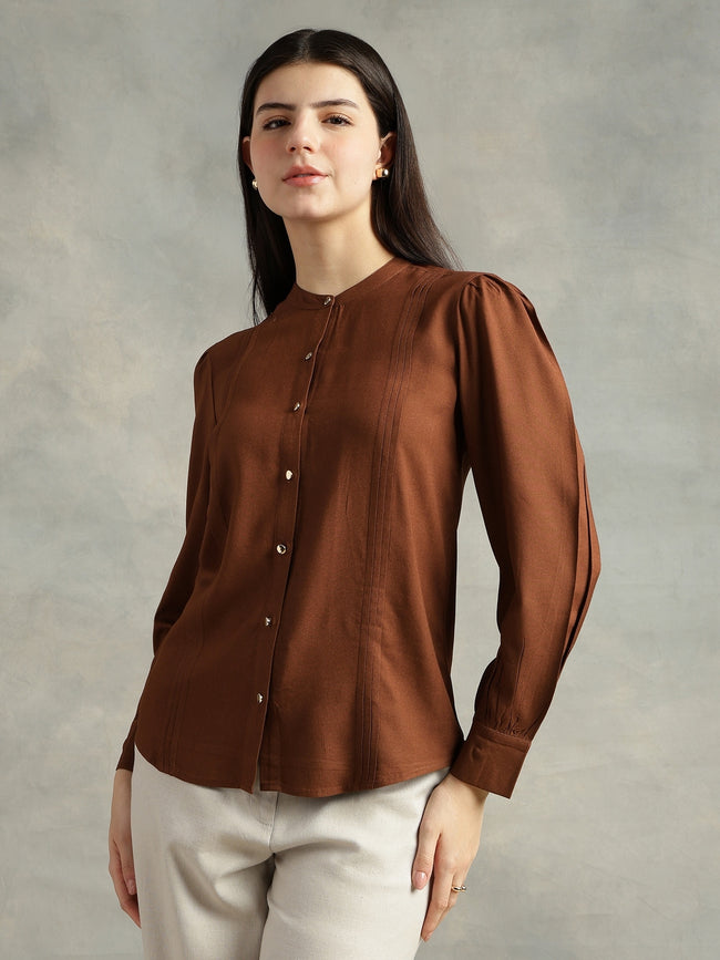 Women Brown Viscose Rayon Mandarin Shirt
