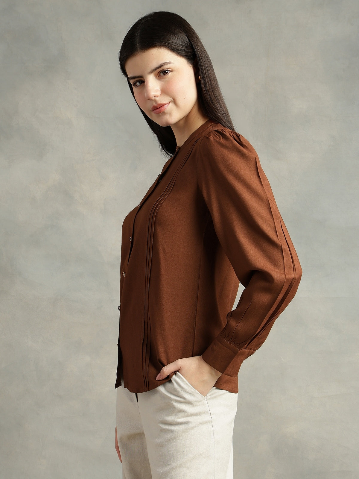 Women Brown Viscose Rayon Mandarin Shirt