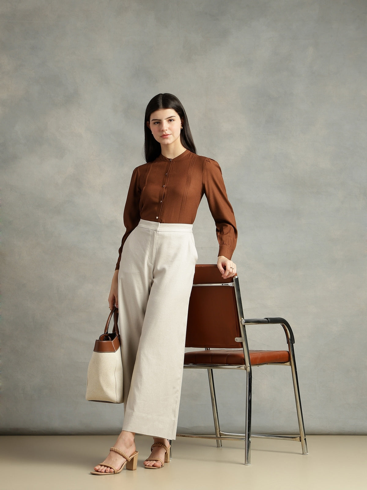 Women Brown Viscose Rayon Mandarin Shirt