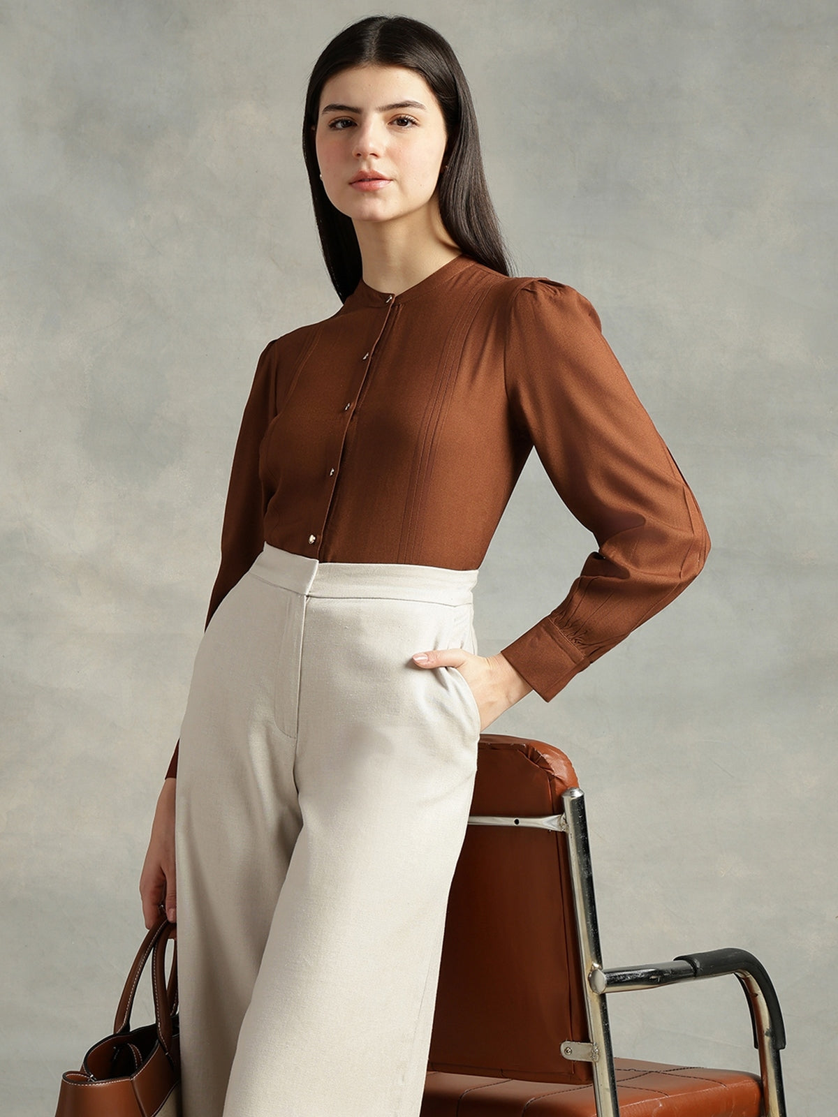 Women Brown Viscose Rayon Mandarin Shirt