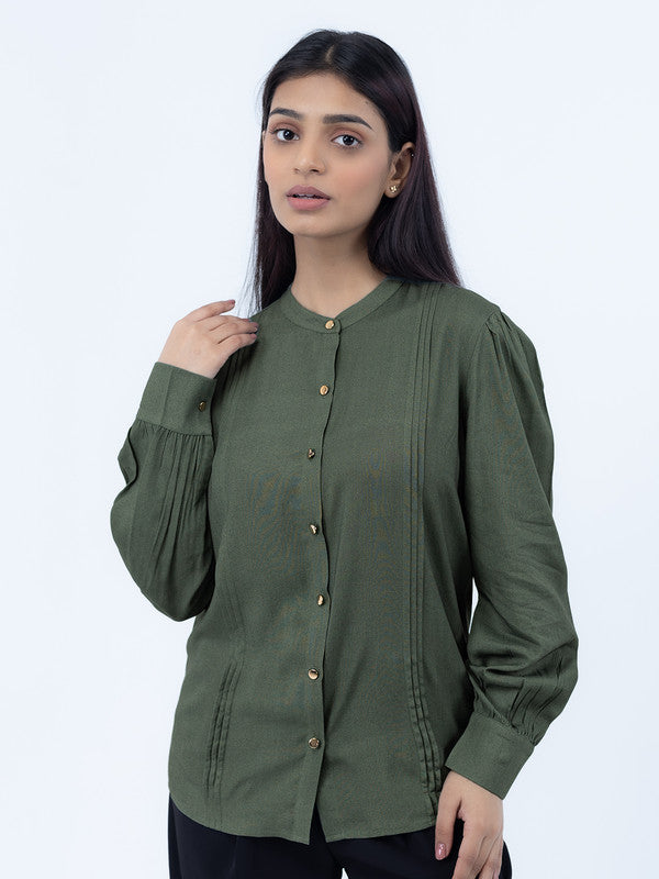 Women Olive Green Viscose Mandarin Shirt