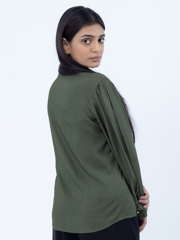 Women Olive Green Viscose Mandarin Shirt