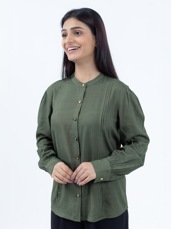 Women Olive Green Viscose Mandarin Shirt