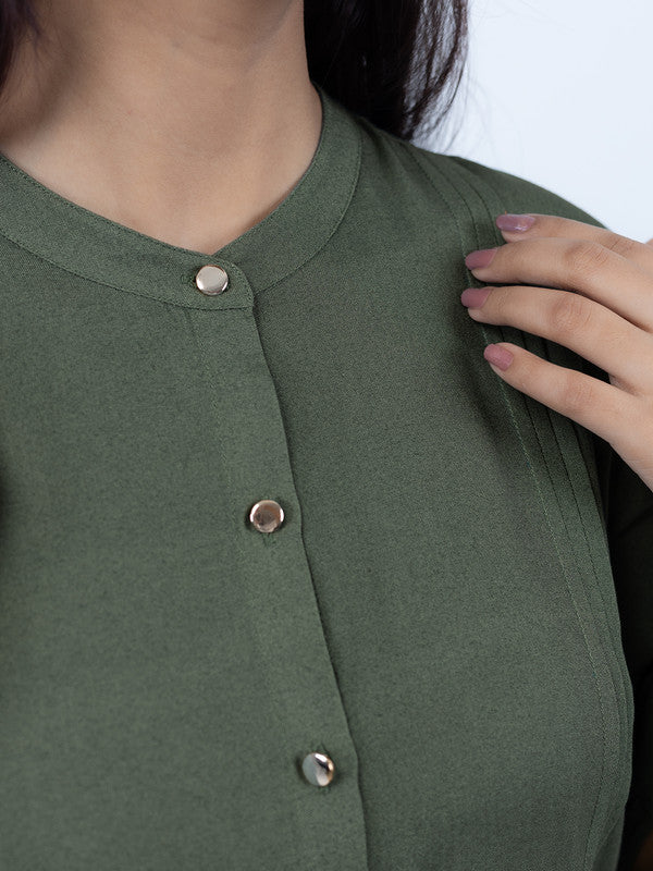 Women Olive Green Viscose Mandarin Shirt
