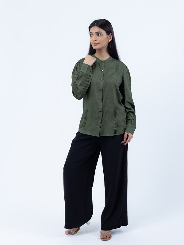 Women Olive Green Viscose Mandarin Shirt