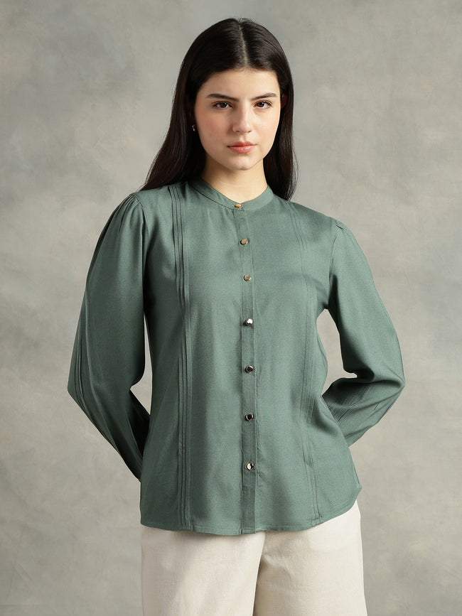Women Olive Green Viscose Mandarin Shirt