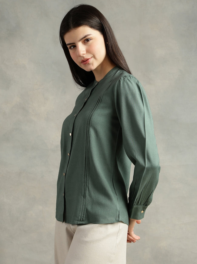 Women Olive Green Viscose Mandarin Shirt