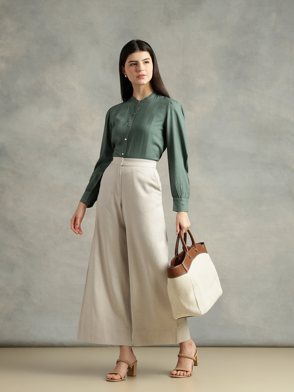 Women Olive Green Viscose Mandarin Shirt