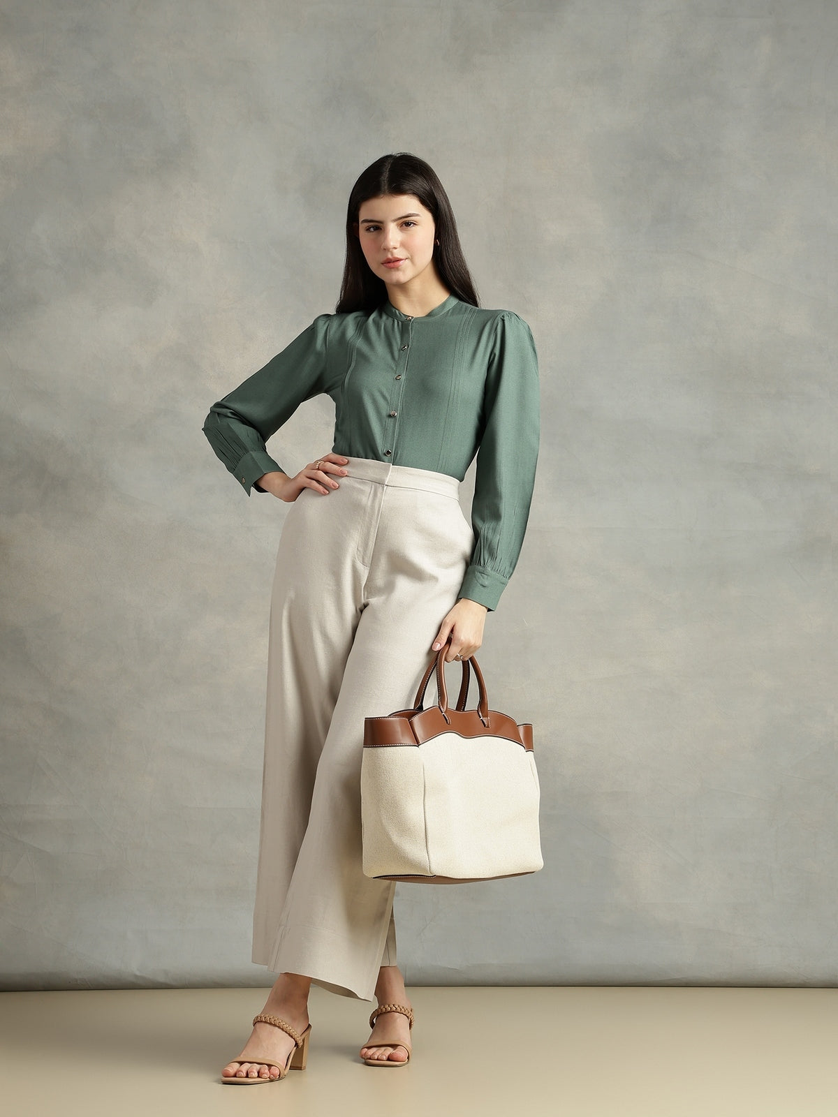 Women Olive Green Viscose Mandarin Shirt