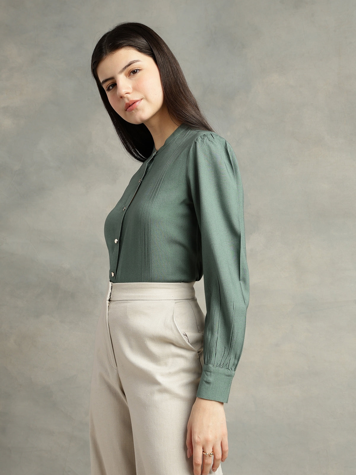 Women Olive Green Viscose Mandarin Shirt