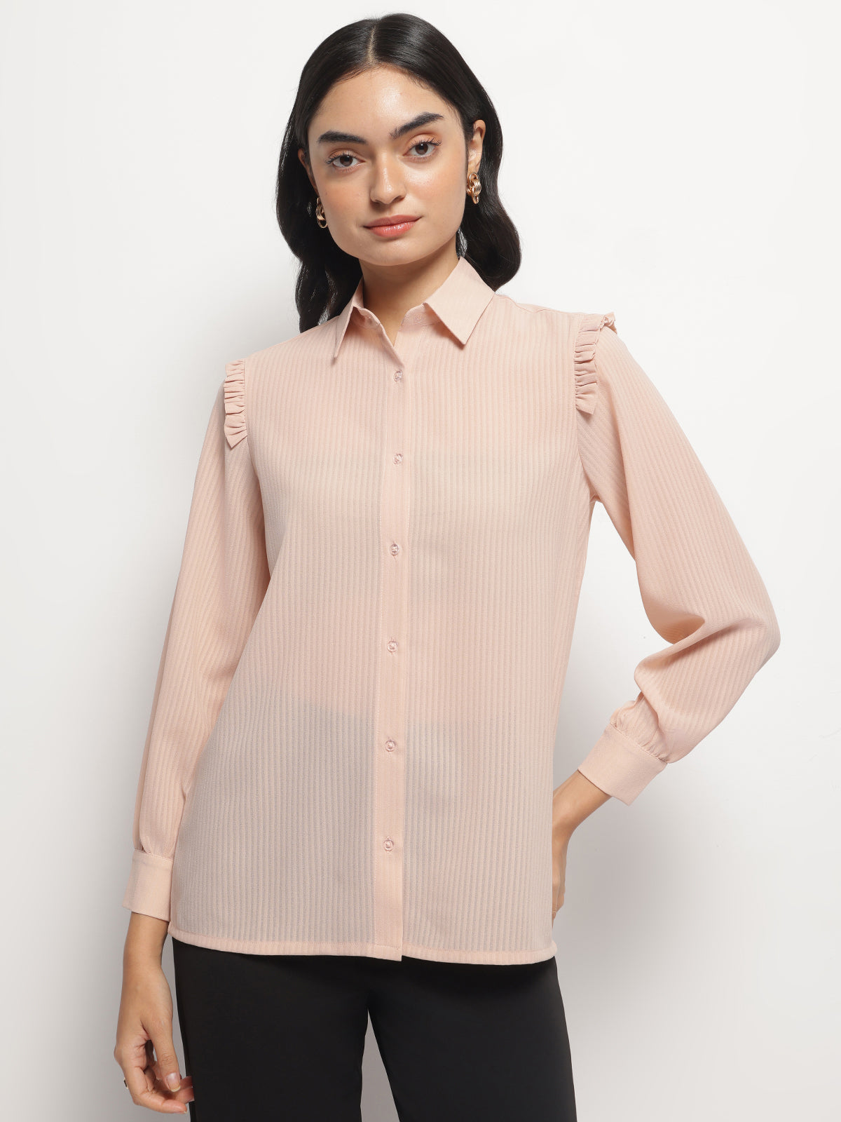 Women Peach Ruffle Shoulder Semi Sheer Shirt