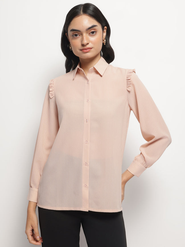 Women Peach Ruffle Shoulder Semi Sheer Shirt