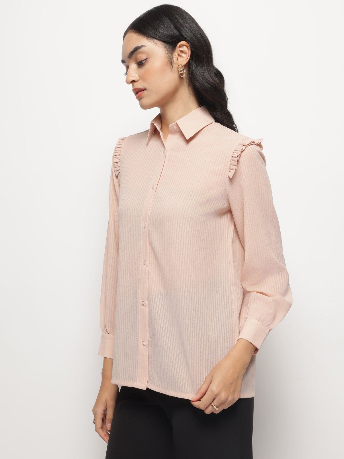 Women Peach Ruffle Shoulder Semi Sheer Shirt